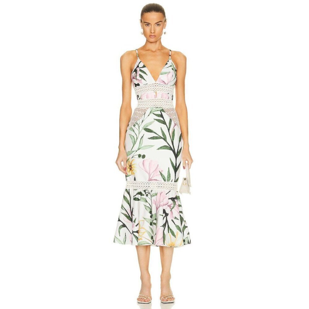 PatBO JAsmin Fitted Midi Dress in White 0 New Womens Floral Resort